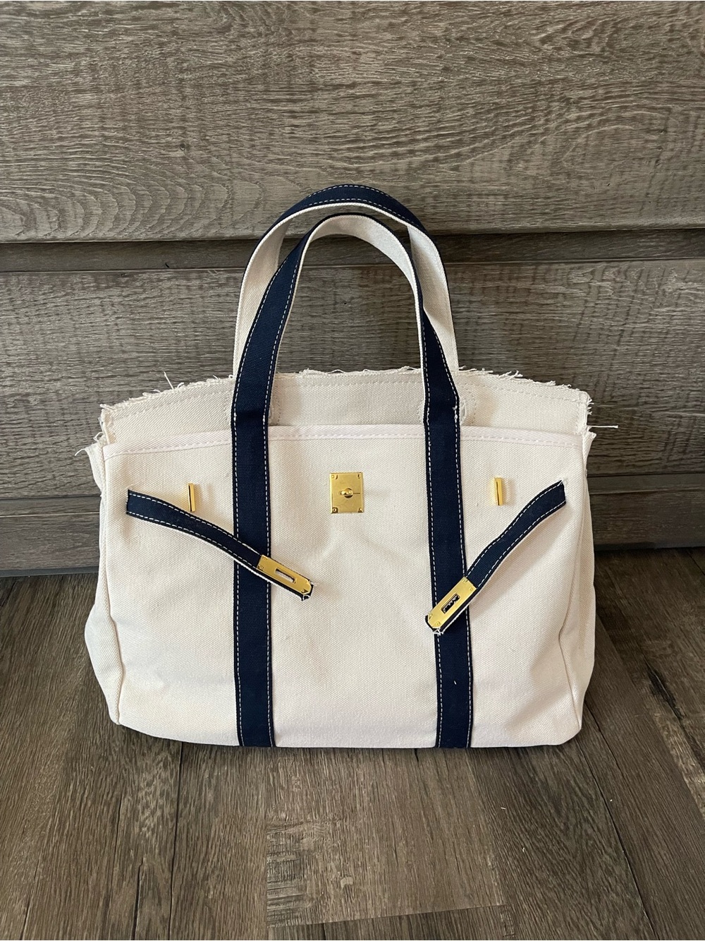 Canvas Tote Handbag with Navy Trim and Gold Hardware Boatkin Boat Bag